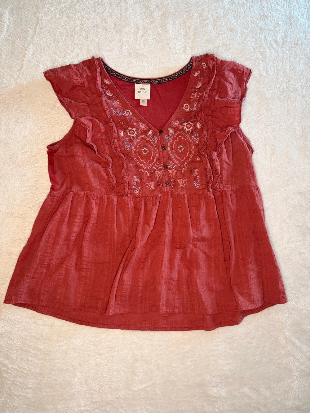 Knox Rose Red Embroidered V-Neck Burnt Orange Ruffle Cottage Core Blouse